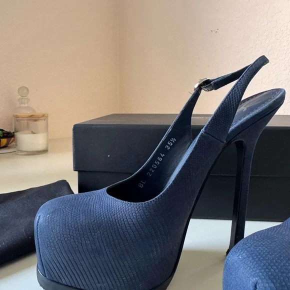 Saint Laurent Navy Blue Suede Tribtoo Slingback Heels 105mm - Picture 11 of 15